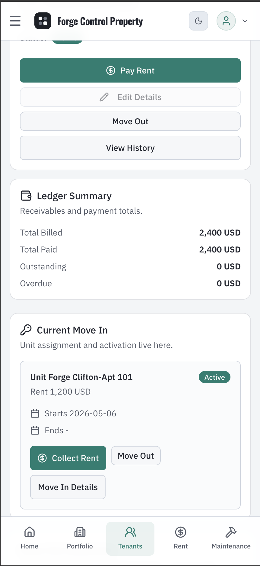 Forge Control Property Mobile tenant workflow