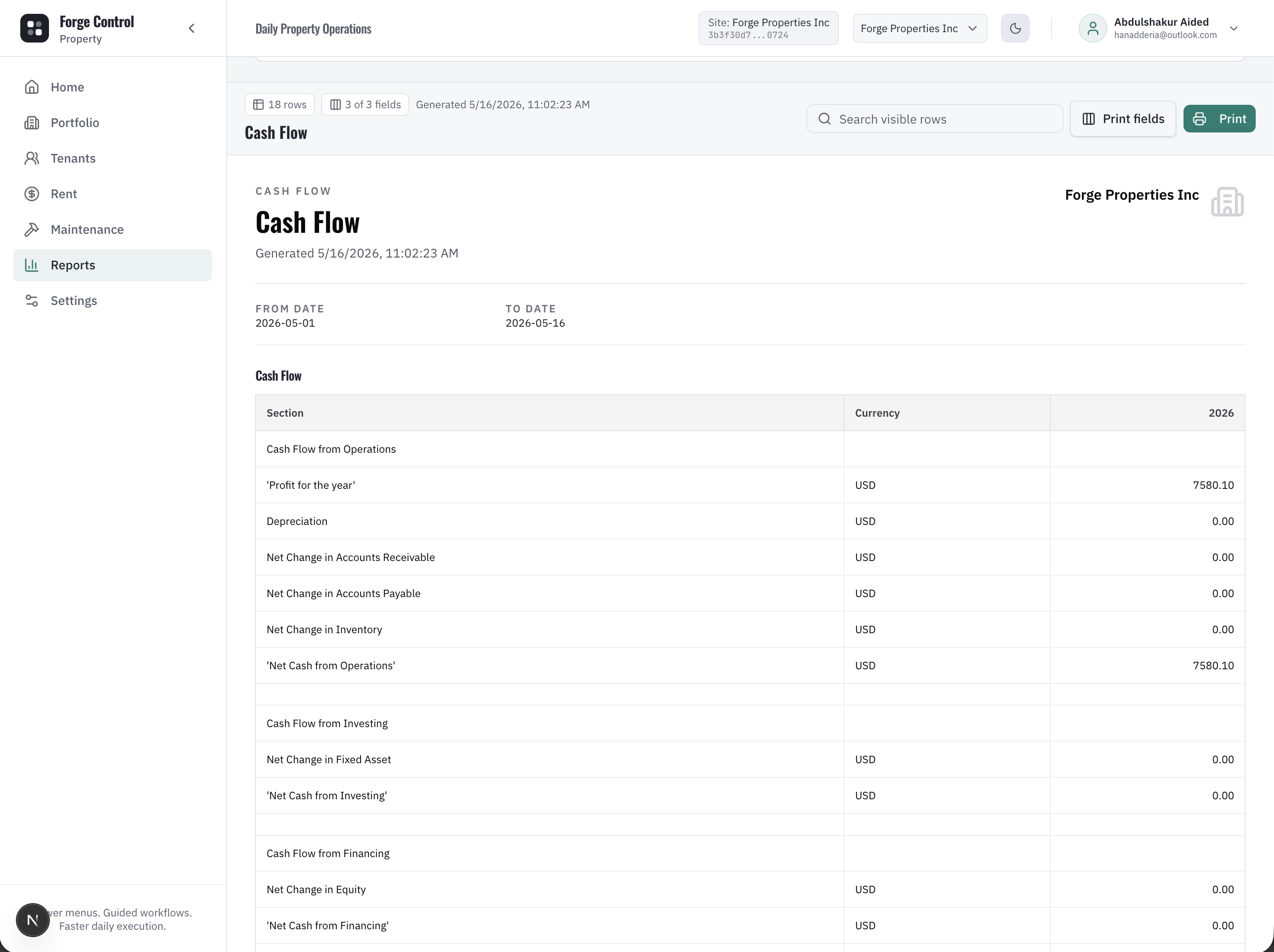 Forge Control Property cashflow report showing incoming rent, outgoing expenses, and property cash movement.