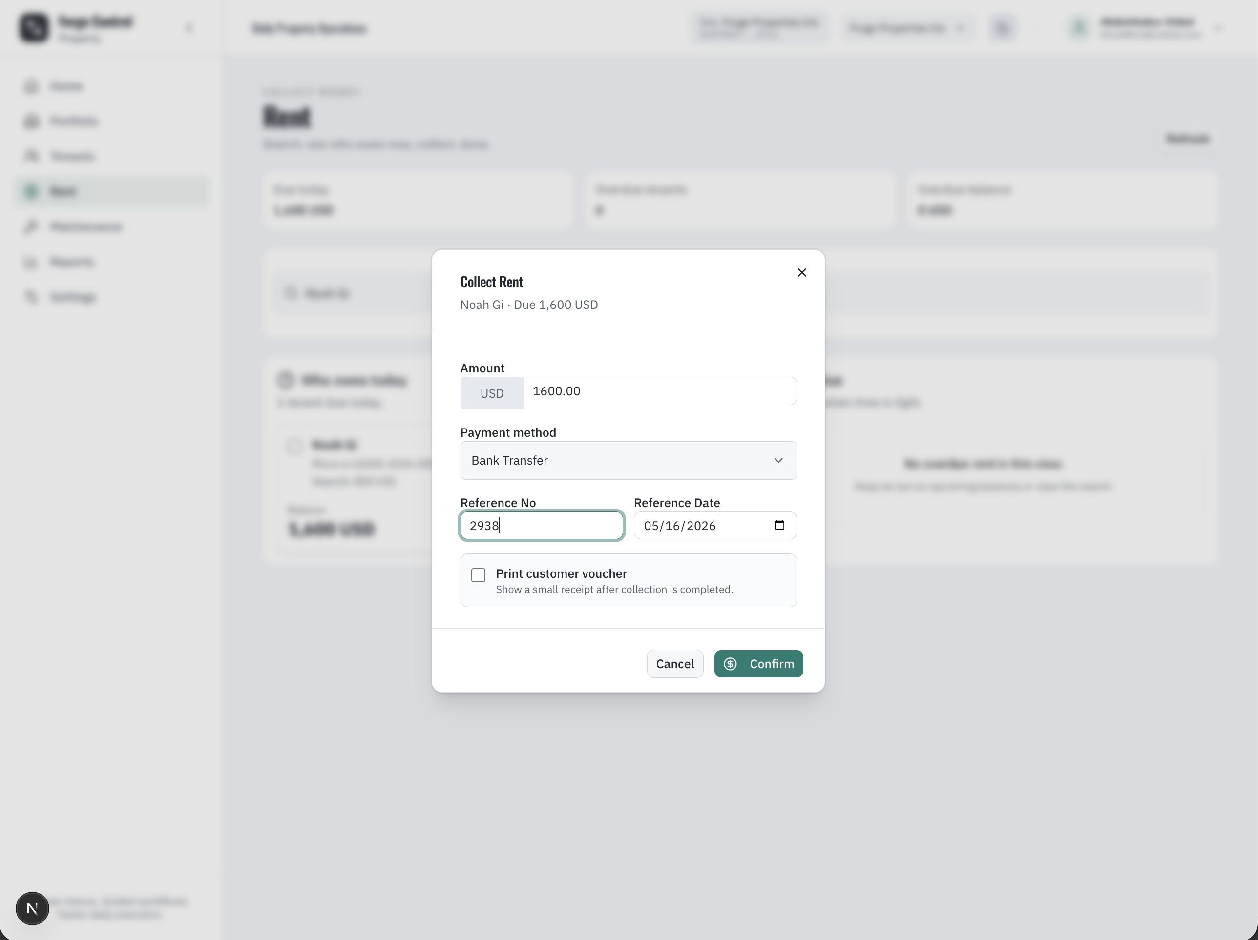 Forge Control Property collect rent workflow showing invoice, payment method, reference, and outstanding balance.