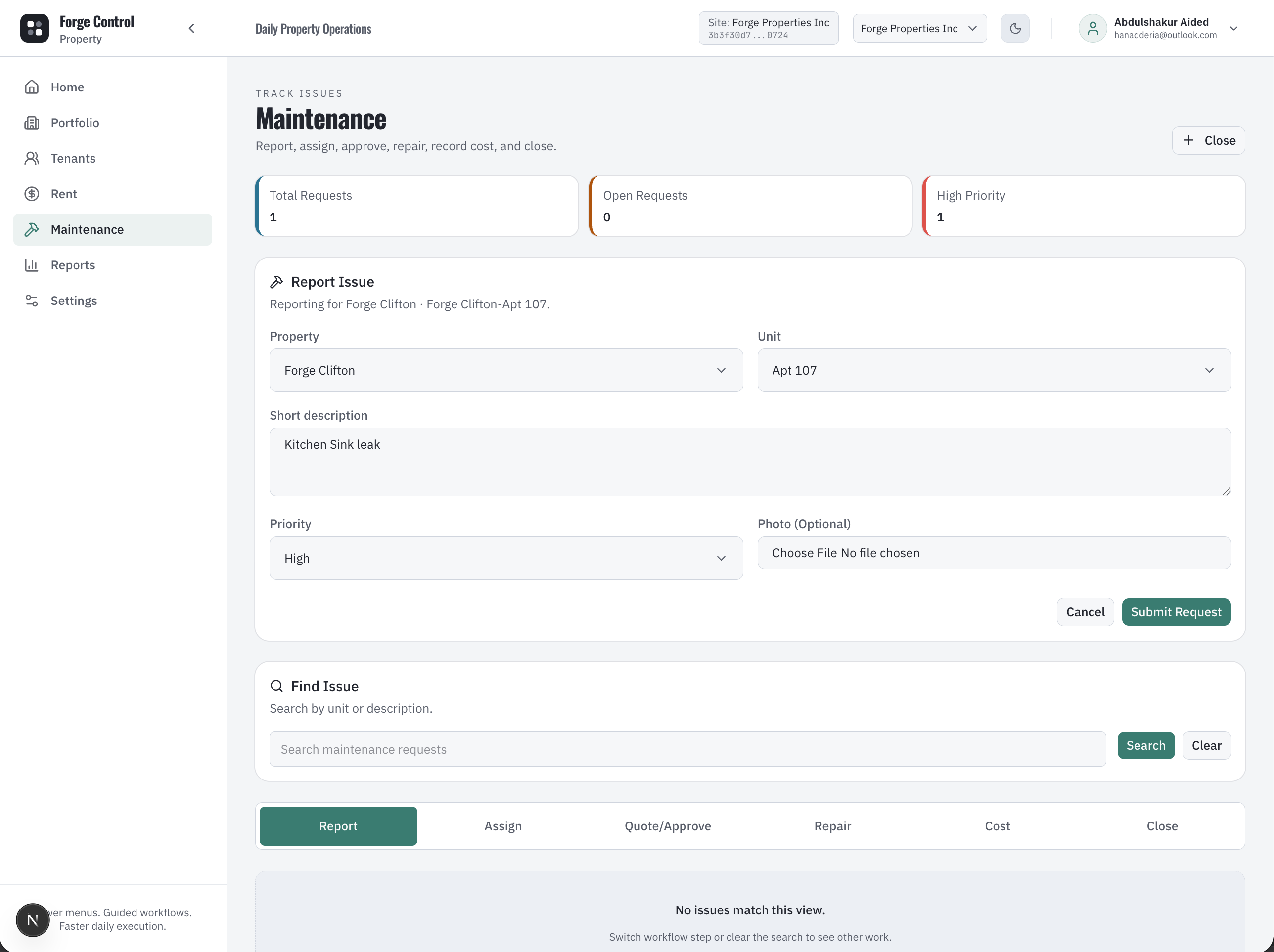 Forge Control Property maintenance command center showing open requests, assignment, and work status.