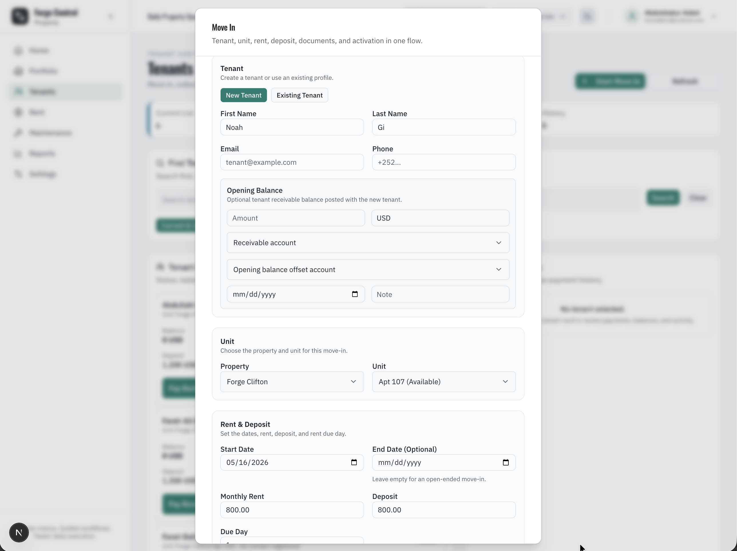 Forge Control Property move-in workflow showing tenant, property, unit, rent, deposit, and lease activation.