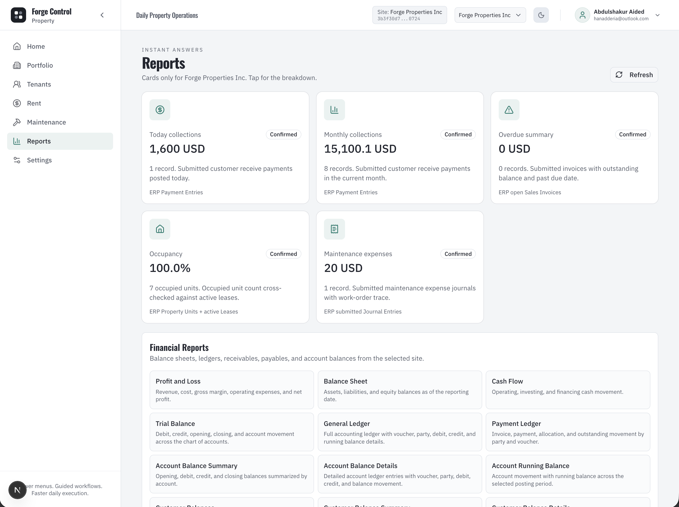 Forge Control Property reports showing portfolio, rent, tenant, and maintenance management views.