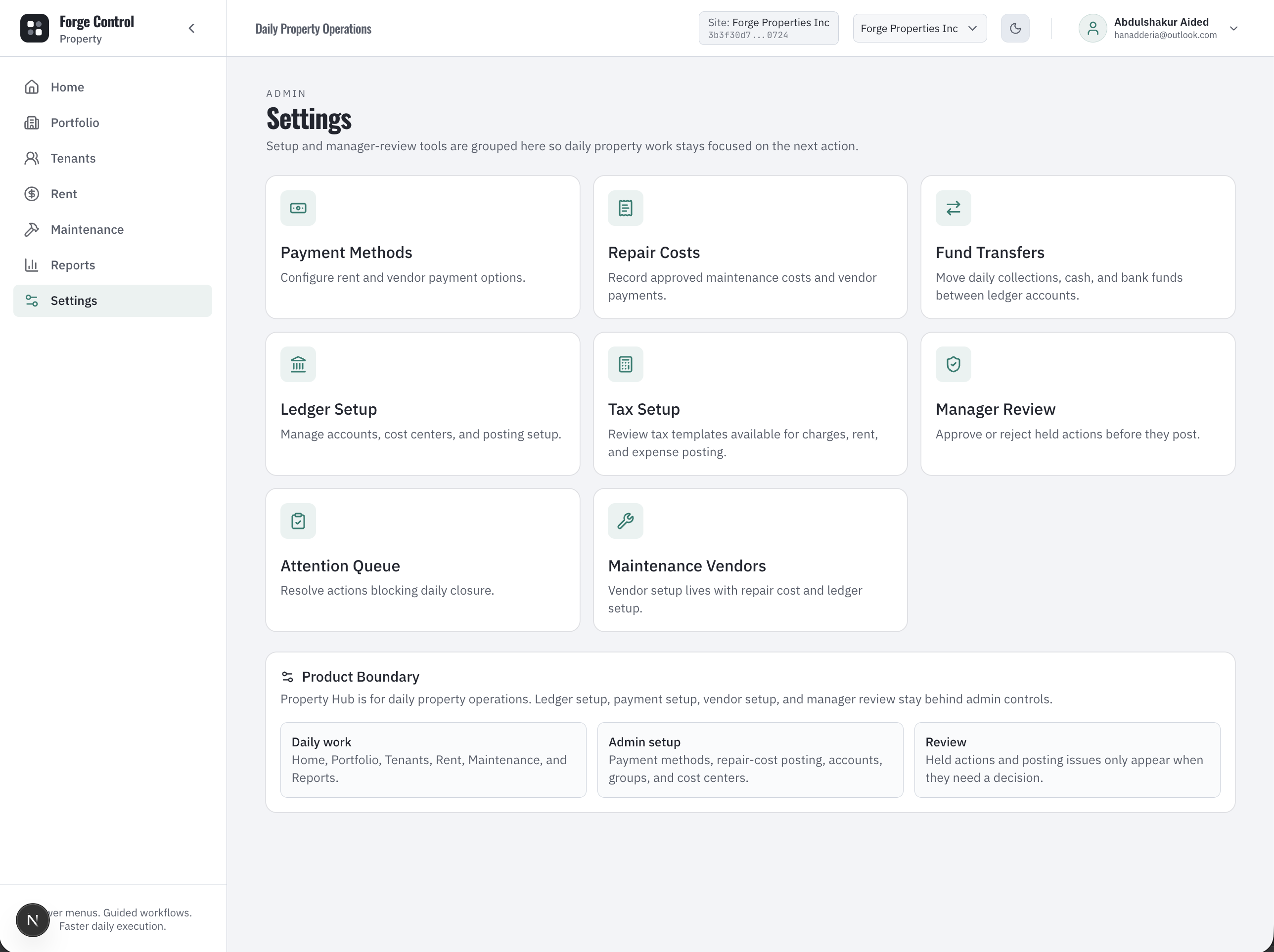 Forge Control Property settings showing operating setup for property workflows.