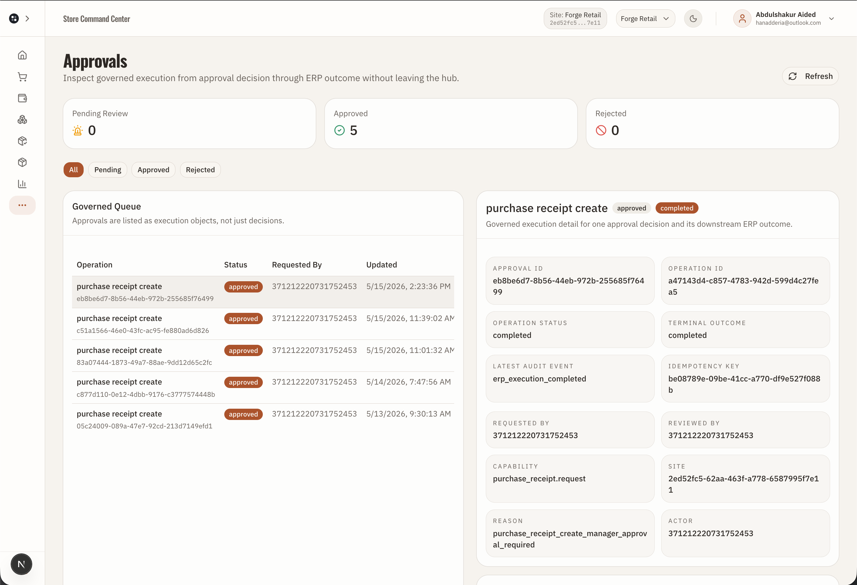 Forge Control Retail operations or approvals queue showing action status, review, retry, rejection, and completion states.