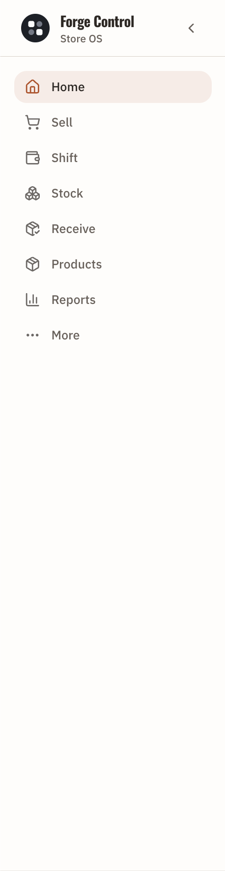 Forge Control Retail navigation showing the main daily workflows and support paths.