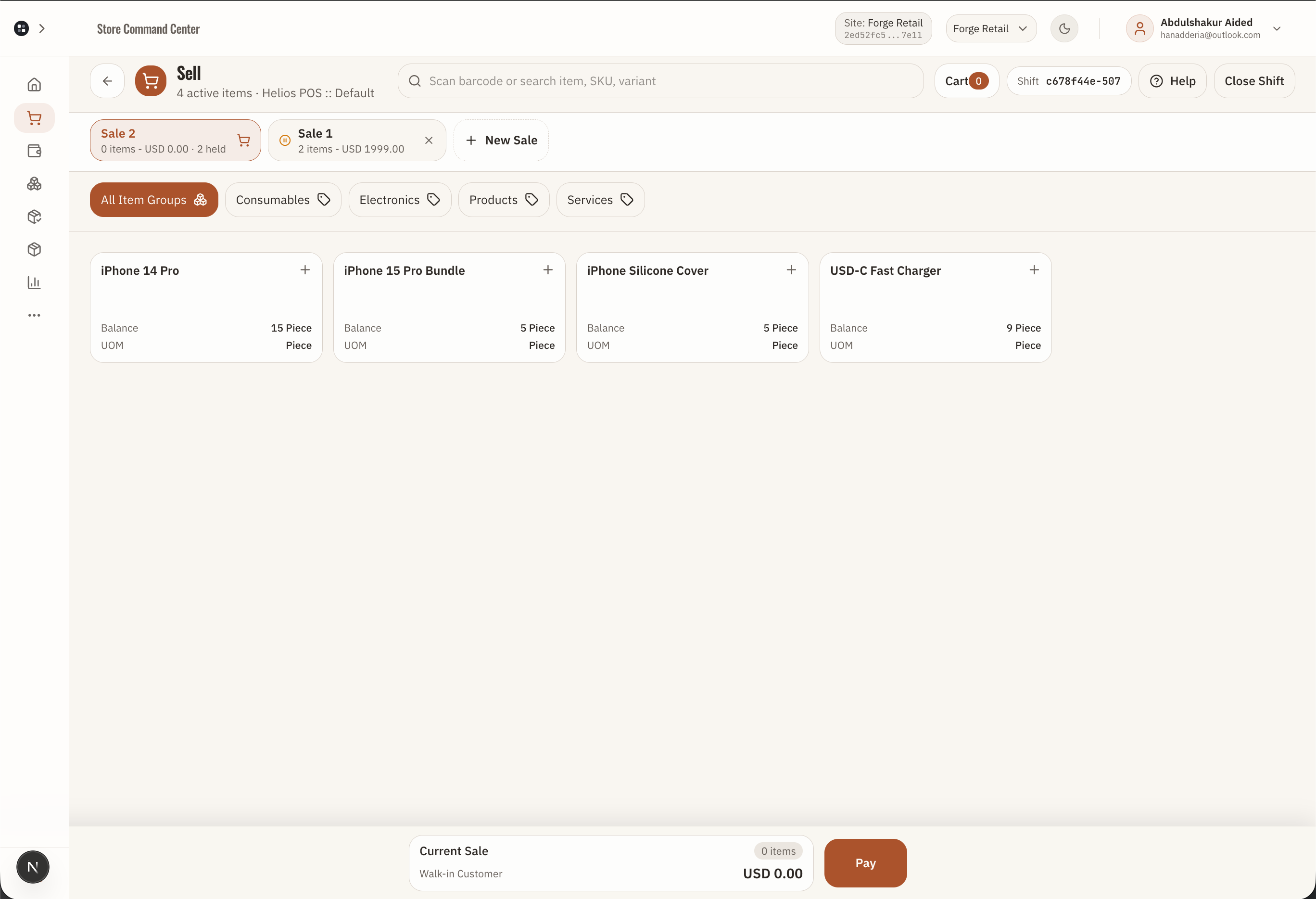 Forge Control Retail held sales screen or POS resume flow for interrupted counter sales.