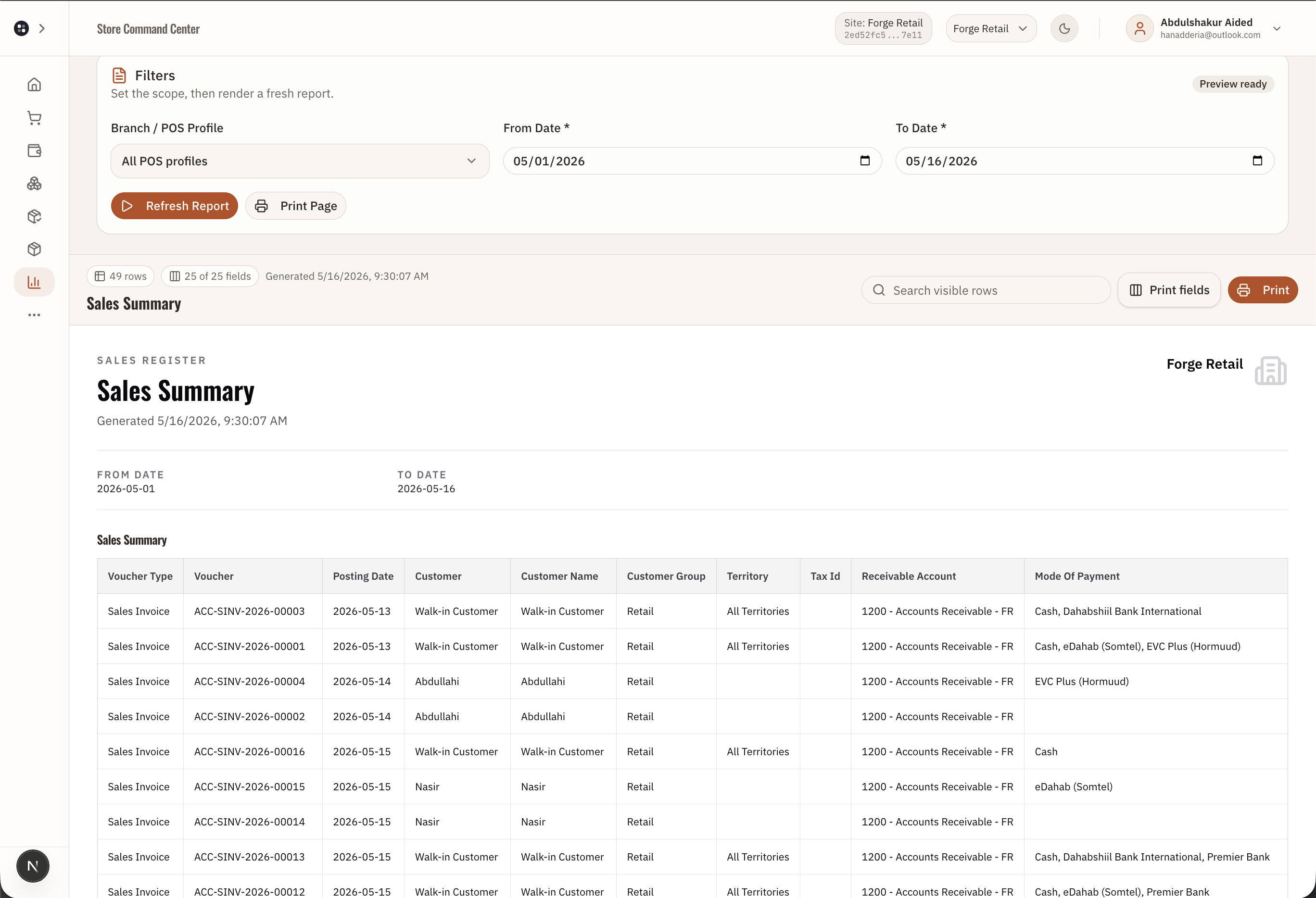 Forge Control Retail sales summary showing store performance, totals, and reviewable daily sales figures.
