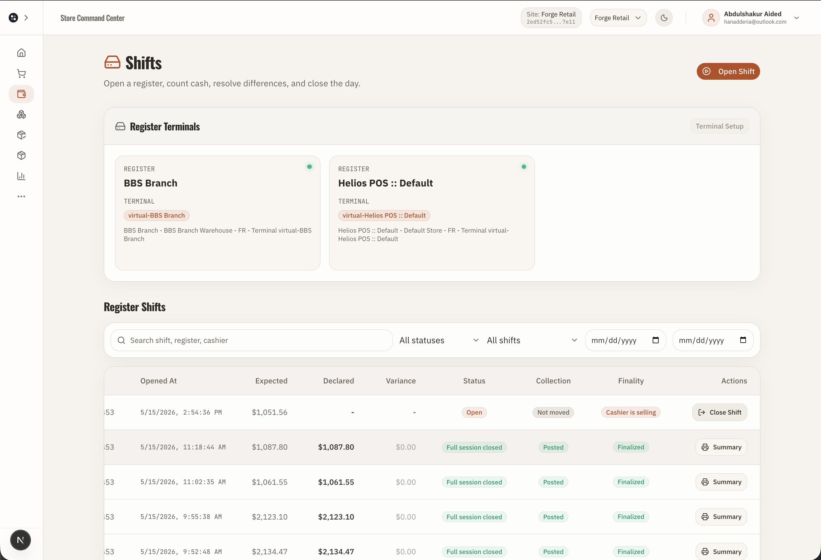 Forge Control Retail shift and register session screen for opening, closing, and counting cash.