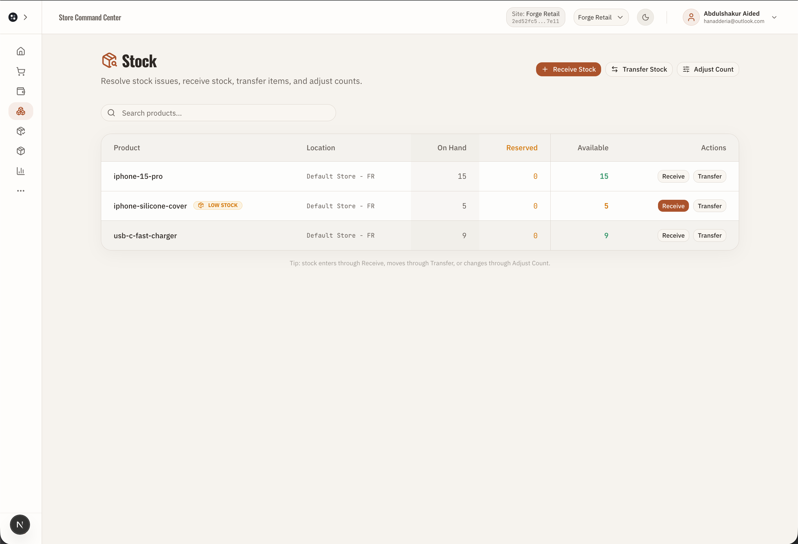 Forge Control Retail stock overview showing item balances, low stock, and stock actions.